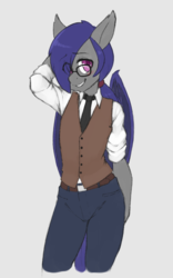 Size: 1200x1920 | Tagged: safe, artist:skecchiart, oc, oc only, oc:dusk rhine, bat pony, anthro, adorkable, clothes, cute, dork, fancy, femboy, girly, glasses, hair over one eye, looking at you, male, necktie, nervous, ponytail, shy, solo, stallion, vest