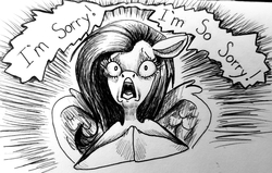 Size: 3991x2532 | Tagged: safe, artist:smirk, fluttershy, pony, g4, dialogue, dissolving classroom, female, high res, hooves together, junji ito, monochrome, panel, solo, this will end in death, traditional art