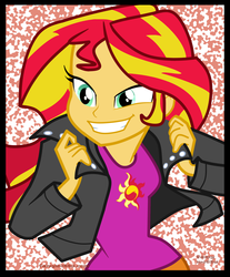 Size: 1749x2110 | Tagged: safe, artist:famymotta, artist:lunchie, sunset shimmer, equestria girls, g4, my little pony equestria girls: rainbow rocks, clothes, credits, female, jacket, leather jacket, shine like rainbows, solo