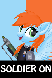Size: 3000x4500 | Tagged: safe, artist:jupiter-rainbow, artist:rain bow, oc, oc only, oc:morning star (fallout equestria: star dust), pegasus, pony, fallout equestria, fallout equestria: star dust, bulletproof vest, clothes, enclave, enclave armor, encouragement, energy weapon, fallout, fallout 4, female, grand pegasus enclave, laser assault rifle, laser rifle, looking at you, magical energy weapon, mare, open mouth, positive, positive ponies, poster, researcher, smiling, solo, spread wings, uniform, wasteland, wasteland crusaders, weapon, wings