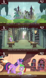 Size: 854x1440 | Tagged: safe, screencap, owlowiscious, spike, twilight sparkle, alicorn, dragon, pony, cinemare sins, g4, inspiration manifestation, castle of the royal pony sisters, female, library, male, mare, quill pen, twilight sparkle (alicorn)
