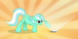 Size: 4000x2000 | Tagged: safe, artist:flamevulture17, lyra heartstrings, pony, unicorn, g4, behaving like a cat, cellphone, curious, cute, female, focused, glare, light, looking at something, lyrabetes, mare, phone, raised hoof, serious, serious face, solo, sunburst background