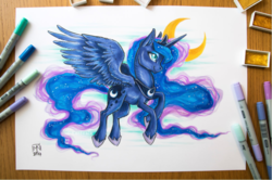 Size: 819x545 | Tagged: safe, artist:kattvalk, princess luna, alicorn, pony, g4, copic, female, flying, mare, marker drawing, markers, moon, smiling, solo, traditional art