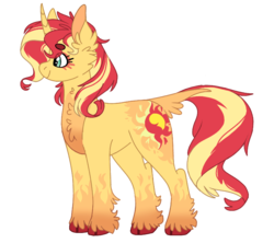 Size: 768x681 | Tagged: safe, artist:wanderingpegasus, sunset shimmer, pony, unicorn, g4, cloven hooves, cute, female, leonine tail, mare, redesign, shimmerbetes, simple background, smiling, solo, white background