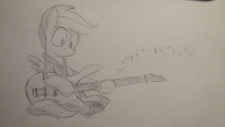Size: 3264x1836 | Tagged: safe, artist:moonatik, scootaloo, pegasus, pony, g4, bass guitar, clothes, equestria girls outfit, female, filly, guitar, music notes, musical instrument, scootabass, solo, traditional art, wings