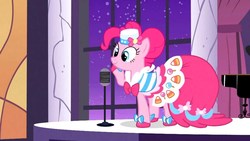 Size: 1280x720 | Tagged: safe, screencap, pinkie pie, earth pony, pony, g4, the best night ever, clothes, costume, female, grand galloping gala, mare, microphone, night, pony pokey, solo, stars