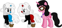 Size: 1109x505 | Tagged: safe, artist:8-bitspider, artist:kurisha-chan, artist:user15432, oc, oc:aaliyah, alicorn, pony, unicorn, aaliyah, alicorn oc, alicornified, amulet, base used, black shirt, blue nose, clothes, crossover, cuphead, cuphead (character), glasses, gloves, jewelry, long sleeved shirt, long sleeves, mugman, necklace, ponified, race swap, red nose, shoes, shorts, simple background, studio mdhr, transparent background, trio