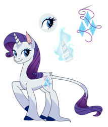 Size: 1712x2000 | Tagged: safe, artist:solareflares, rarity, classical unicorn, pony, unicorn, cloven hooves, cutie mark, ear fluff, eye, eyeshadow, female, glowing horn, legs in air, leonine tail, magic, makeup, raised hoof, redesign, simple background, smiling, solo, standing, transparent background, unshorn fetlocks