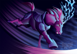 Size: 1200x848 | Tagged: safe, artist:dartzu, tempest shadow, horse, pony, g4, my little pony: the movie, abstract background, broken horn, eye scar, female, hoers, horn, mare, scar, solo, sparking horn