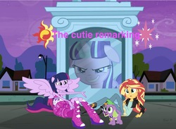 Size: 2048x1499 | Tagged: safe, editor:php77, spike, starlight glimmer, sunset shimmer, twilight sparkle, alicorn, pony, equestria girls, g4, my little pony equestria girls, the cutie re-mark, alternate universe, fall formal outfits, twilight sparkle (alicorn)