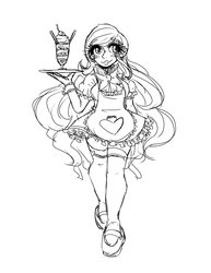 Size: 2975x3850 | Tagged: safe, artist:mylittleyuri, derpibooru exclusive, fluttershy, human, g4, armband, clothes, costume, female, food, frilly, high res, humanized, maid, mary janes, monochrome, parfait, socks, solo, thigh highs
