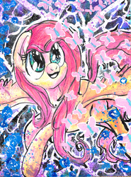 Size: 2215x3001 | Tagged: safe, artist:autobotchari, fluttershy, butterfly, pegasus, pony, g4, female, flying, high res, looking at something, looking up, mare, open mouth, smiling, solo, spread wings, traditional art, wings