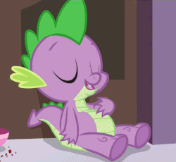 Size: 640x590 | Tagged: safe, screencap, spike, g4, princess spike, animated, belly, belly pat, bloated, chubby, cropped, crumbs, fat spike, gif, loop, male, solo, stuffed