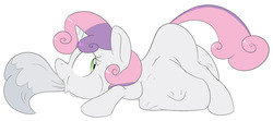 Size: 990x440 | Tagged: safe, artist:anonopony, edit, opalescence, sweetie belle, cat, pony, unicorn, g4, belly bumps, female, female prey, fetish, filly, filly pred, simple background, solo, sweetiepred, tail sticking out, vore, white background
