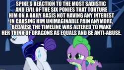 Size: 1280x720 | Tagged: safe, edit, edited screencap, screencap, rarity, spike, g4, the cutie re-mark, abuse, alternate timeline, blatant lies, downvote bait, go to sleep garble, image macro, masochism, meme, night maid rarity, nightmare takeover timeline, op is a duck, op is trying too hard, sad, sadism, sadistic rarity, spikeabuse, spikeposting