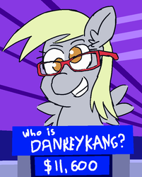 Size: 690x860 | Tagged: safe, artist:threetwotwo32232, derpy hooves, pegasus, pony, g4, 30 minute art challenge, dankey kang, female, glasses, jeopardy, mare, solo, text