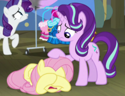 Size: 424x326 | Tagged: safe, screencap, fluttershy, rarity, starlight glimmer, g4, horse play, cropped