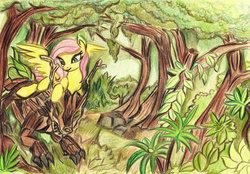 Size: 2000x1393 | Tagged: safe, artist:pedrohander, fluttershy, pegasus, pony, timber wolf, g4, female, forest, riding, solo, traditional art
