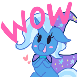 Size: 500x500 | Tagged: safe, artist:dragonpone, derpibooru exclusive, trixie, pony, unicorn, g4, blush sticker, blushing, cape, clothes, cute, dialogue, diatrixes, female, floppy ears, hat, heart, mare, meme, simple background, smiling, solo, transparent background, trixie's cape, trixie's hat, wow, wow! glimmer