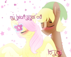 Size: 1600x1300 | Tagged: safe, artist:leviostars, fluttershy, quarter hearts, g4, blushing, cute, eyes closed, female, flutterhearts, hair over one eye, hairpin, link, male, quarterbetes, shipping, straight, the legend of zelda