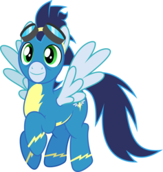 Size: 871x917 | Tagged: safe, artist:dashiesparkle, soarin', pegasus, pony, g4, newbie dash, .svg available, clothes, flying, goggles, male, simple background, smiling, solo, spread wings, stallion, transparent background, uniform, vector, wings, wonderbolts uniform