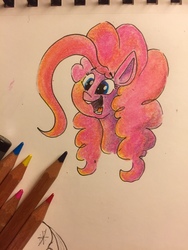 Size: 960x1280 | Tagged: safe, artist:greyscaleart, pinkie pie, earth pony, pony, g4, bust, colored pencil drawing, colored sketch, female, mare, open mouth, solo, traditional art