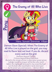 Size: 788x1088 | Tagged: safe, artist:befishproductions, editor:ithryskylark, sunset shimmer, anthro, twilight sparkle's secret shipfic folder, equestria girls, g4, alternate clothes, badass, cape, card, clothes, crossover, ear piercing, earring, female, jewelry, lina inverse, piercing, slayers, smugset shimmer, solo