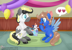 Size: 9246x6420 | Tagged: safe, artist:raspberrystudios, oc, oc only, oc:midnight luna, alicorn, cat, pony, absurd resolution, alicorn oc, balloon, big smile, birthday, birthday gift, calico, cat steven, crossover, excited, father and daughter, female, male, mare, spread wings, stallion, steven universe, streamers