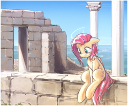 Size: 3066x2540 | Tagged: safe, artist:mirroredsea, fluttershy, pegasus, pony, g4, cute, female, floppy ears, folded wings, high res, looking down, mare, pillar, ruins, sad, sadorable, shyabetes, sitting, solo