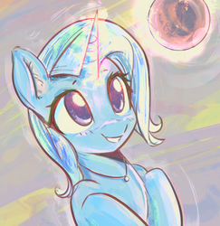 Size: 2352x2420 | Tagged: safe, artist:mirroredsea, trixie, pony, unicorn, g4, bust, cute, diatrixes, female, glowing horn, high res, hooves to the chest, horn, looking at something, looking up, magic, mare, orb, portrait, smiling, solo