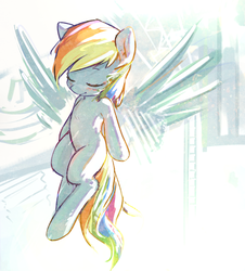 Size: 2951x3268 | Tagged: safe, artist:mirroredsea, rainbow dash, pegasus, pony, g4, colored sketch, eyes closed, female, high res, mare, smiling, solo, spread wings, wings