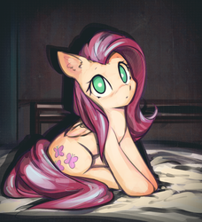 Size: 2707x2971 | Tagged: safe, artist:mirroredsea, fluttershy, pegasus, pony, g4, bed, colored pupils, cute, female, folded wings, high res, looking at you, mare, shyabetes, sitting, solo