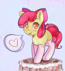 Size: 2642x2900 | Tagged: safe, artist:mirroredsea, apple bloom, earth pony, pony, g4, adorabloom, bow, cake, clothes, cute, ear fluff, female, filly, food, hair bow, heart, high res, hnnng, looking at you, mirroredsea is trying to murder us, smiling, socks, solo, speech bubble, stockings, thigh highs, tongue out