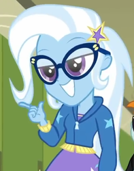 Size: 386x489 | Tagged: safe, screencap, trixie, best trends forever, best trends forever: twilight sparkle, equestria girls, g4, my little pony equestria girls: better together, bedroom eyes, clothes, cropped, dork, glasses, jacket, looking at you, smiling, stars, the great and nerdy trixie