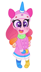 Size: 540x940 | Tagged: safe, artist:carouselunique, oc, oc only, oc:honeycrisp blossom, equestria girls, g4, clothes, coat, freckles, lego, mittens, offspring, parent:big macintosh, parent:princess cadance, parents:cadmac, pigtails, simple background, solo, starry eyes, the lego movie, transparent background, twintails, unicorn hat, unikitty, wingding eyes