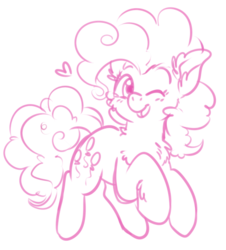 Size: 554x613 | Tagged: safe, artist:fizzy-dog, pinkie pie, earth pony, pony, g4, chest fluff, cute, female, heart, mare, monochrome, one eye closed, simple background, sketch, smiling, solo, white background, wink