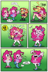 Size: 1470x2205 | Tagged: safe, artist:joeywaggoner, pinkie pie, sunset shimmer, human, equestria girls, equestria girls series, g4, assimilation, boots, character to character, clapping, clothes, comic, commission, cute, duality, exclamation point, eyes closed, high heel boots, high heels, human coloration, humanized, implied fluttershy, mask, mental shift, miniskirt, onomatopoeia, open mouth, open smile, pantyhose, pinkie mask, sandals, self paradox, shoes, signature, skirt, smiling, socks, striped pantyhose, the mask, transformation, transforming clothes, triality, twinning, xk-class end-of-the-world scenario