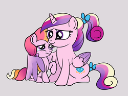 Size: 1024x768 | Tagged: safe, artist:kuromi, princess cadance, oc, oc:honeycrisp blossom, alicorn, earth pony, pony, g4, bow, colored wings, duo, female, gradient wings, gray background, hair bow, hug, mare, mother and daughter, parent:big macintosh, parent:princess cadance, parents:cadmac, simple background, tail bow, teen princess cadance, winghug