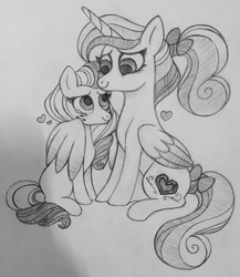 Size: 1112x1280 | Tagged: safe, artist:carouselunique, princess cadance, oc, oc:honeycrisp blossom, alicorn, earth pony, pony, g4, duo, female, grayscale, mare, monochrome, mother and daughter, parent:big macintosh, parent:princess cadance, parents:cadmac, pencil drawing, teen princess cadance, traditional art