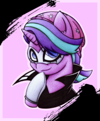 Size: 2170x2630 | Tagged: safe, artist:mustachedbain, starlight glimmer, pony, g4, bust, clothes, crossover, equestria girls outfit, female, hat, high res, joker (persona), mask, persona, persona 5, ren amamiya, smiling, solo, traditional art