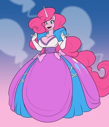 Size: 1105x1280 | Tagged: safe, artist:toughset, pinkie pie, alicorn, anthro, g4, alicornified, bow, breasts, busty pinkie pie, cleavage, clothes, commission, cute, cutie mark on clothes, dress, evening gloves, female, gloves, gown, impossibly large dress, long gloves, long hair, monoboob, pink, pinkiecorn, poofy shoulders, race swap, skirt, solo, xk-class end-of-the-world scenario