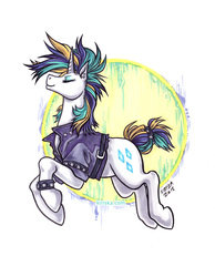 Size: 613x788 | Tagged: safe, artist:kiriska, rarity, pony, unicorn, g4, it isn't the mane thing about you, alternate hairstyle, clothes, ear piercing, eyes closed, female, jacket, leaping, leather jacket, mare, piercing, punk, raripunk, short tail, solo, tail band, traditional art