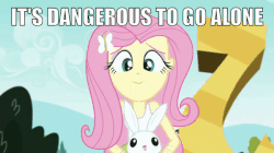Size: 600x337 | Tagged: safe, edit, edited screencap, screencap, angel bunny, fluttershy, equestria girls, g4, my little pony equestria girls: friendship games, animated, image macro, it's dangerous to go alone, looking at you, meme, starbomb in the comments, take this, the legend of zelda