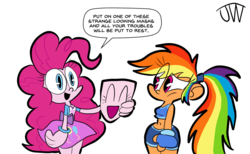 Size: 1690x1039 | Tagged: safe, artist:joeywaggoner, pinkie pie, rainbow dash, human, equestria girls, g4, belly button, clothes, humanized, mask, midriff, miniskirt, pinkie mask, ponytail, shorts, simple background, skirt, smiling, speech bubble, sports bra, sports shorts, the mask, this will not end well, white background