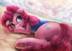 Size: 3600x2550 | Tagged: safe, artist:vanillaghosties, pinkie pie, earth pony, pony, g4, beach, butt, clothes, cute, diapinkes, female, frog (hoof), high res, mare, ocean, one-piece swimsuit, plot, sand, smiling, solo, swimsuit, underhoof