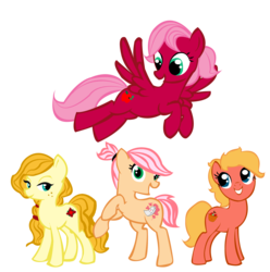 Size: 3300x3330 | Tagged: safe, artist:sweetchiomlp, oc, oc only, oc:apple blossom, oc:petunia, oc:posy, oc:primrose, earth pony, pegasus, pony, female, freckles, high res, mare, offspring, parent:big macintosh, parent:fluttershy, parents:fluttermac, ponytail, simple background, sisters, transparent background
