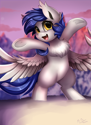 Size: 2550x3509 | Tagged: safe, artist:pridark, oc, oc only, oc:gabriel, bat pony, pony, bat pony oc, bipedal, chest fluff, commission, cute, cute little fangs, digital art, fangs, happy, high res, looking at you, open mouth, signature, snow, solo, spread wings, underhoof, wings