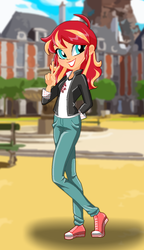 Size: 415x720 | Tagged: safe, artist:spike fancy, sunset shimmer, human, equestria girls, g4, converse, crossover, dressup, female, games, looking at you, miraculous ladybug, shoes, smiling, sneakers, style emulation