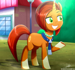 Size: 1871x1742 | Tagged: safe, artist:the-butch-x, stellar flare, pony, unicorn, g4, the parent map, building, eyebrows, eyelashes, female, green eyes, grin, horn, jewelry, lamppost, mare, mother, necklace, pearl necklace, raised eyebrow, raised hoof, signature, sire's hollow, smiling, solo, stellarsmug, underhoof, window