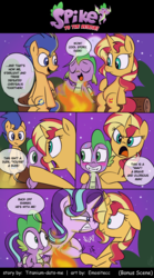 Size: 800x1440 | Tagged: safe, artist:emositecc, flash sentry, spike, starlight glimmer, sunset shimmer, dragon, pegasus, pony, unicorn, comic:spike to the rescue, g4, molt down, angry, avengers, avengers: infinity war, blushing, comic, dialogue, drax the destroyer, female, implied shipping, implied sparlight, implied sunsetspike, male, mare, movie reference, nervous, ship:sparlight, shipping, slap, speech bubble, stallion, straight, sweat, winged spike, wings